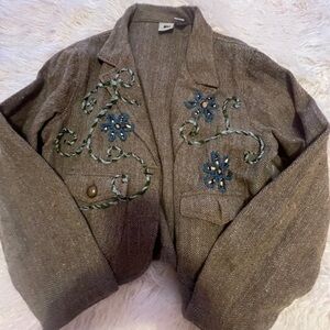Brown Blazer with Blue Floral Embroidery
